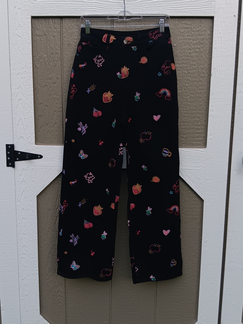 Cider Black Wide-Leg Jeans with Multicolor Doodle/Fruit Print Motif Size S